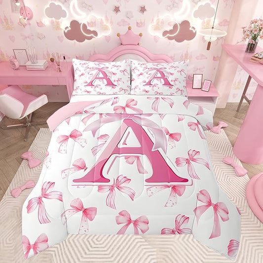 jejeloiu Kids Girls Cute Pink Bow Comforter Set King Size Monogrammed Bedding Set Ultra Soft Personalized Initial A Duvet Quilt Coquette Bow Knot Quilt Set Room Decor Modern Fashion Comforter