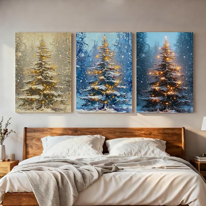 Framed Christmas Pictures Wall Decor,Vintage Pine Tree Prints,Winter Christmas Canvas Wall Art Decoration for Bedroom Bathroom Living Room Rustic Xmas Holiday Gifts (Christmas Tree 2, 12'' X 16'')