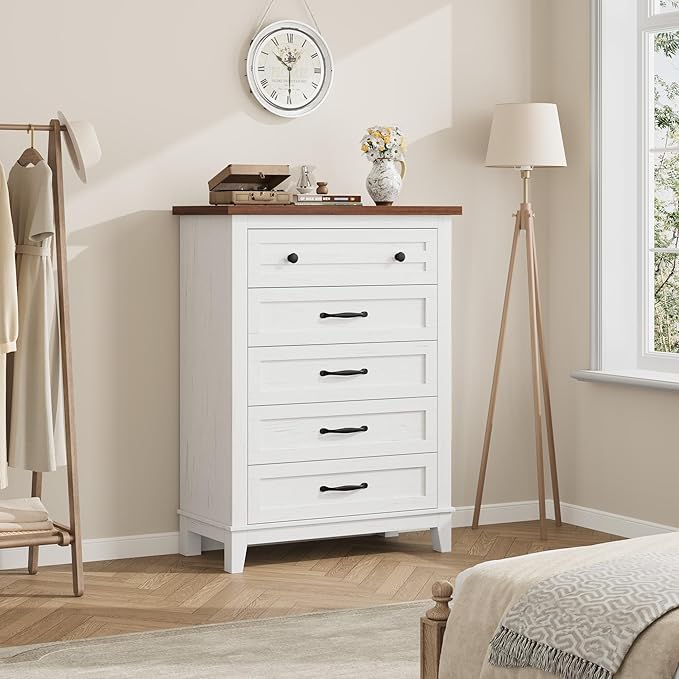 GarveeHome 5 Dresser for Bedroom, 41.3" Tall Vertical Drawer Dresser with Large Storage, Freestanding Wooden Closet Chest for Bedroom, Living Room, White + Brown