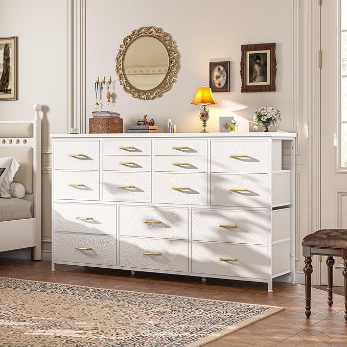 Dresser for Bedroom with 16 Fabric Drawers Long Dresser with Charging Station TV Stand for 60" TV Dressers & Chest of Drawers for Bedroom, Living Room, Closet, White