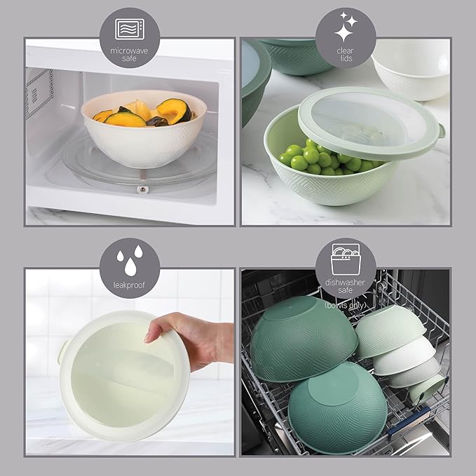 COOK WITH COLOR Mixing Bowls with Lids - 12 Piece Plastic Nesting Bowls Set includes 6 Prep Bowls and 6 Lids, Rhombus Design - Microwave Safe (Sage)