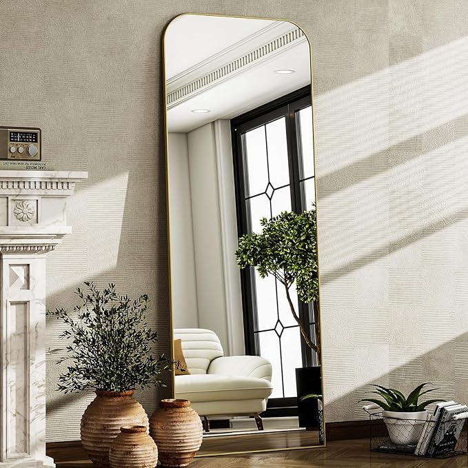 HARRITPURE 57"x20" Full Length Mirror Full Body Mirror Top Rounded Corner Aluminum Frame Hanging or Leaning Wall Floor Mirror with Stand for Living Room Bedroom Cloakroom,Gold