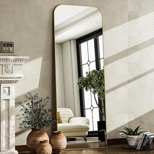 HARRITPURE 57"x20" Full Length Mirror Full Body Mirror Top Rounded Corner Aluminum Frame Hanging or Leaning Wall Floor Mirror with Stand for Living Room Bedroom Cloakroom,Gold