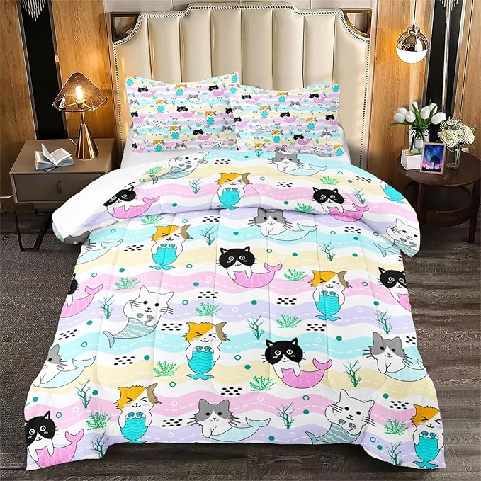 Cartoon Cat Comforter Set for Girls - Full Size Girls Bedding Set for Bedroom - Ultra Soft Warm Cute Mermaid Tail Cat Patterns - 1 Comforter with 2 Pillowcases