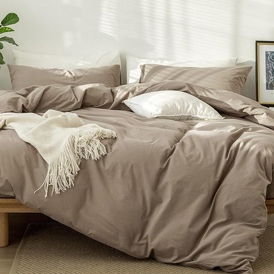 MooMee Bedding Duvet Cover Set 100% Washed Cotton Linen Like Textured Breathable Durable Soft Comfy (Solid Mocha Brown, King 104"x90")