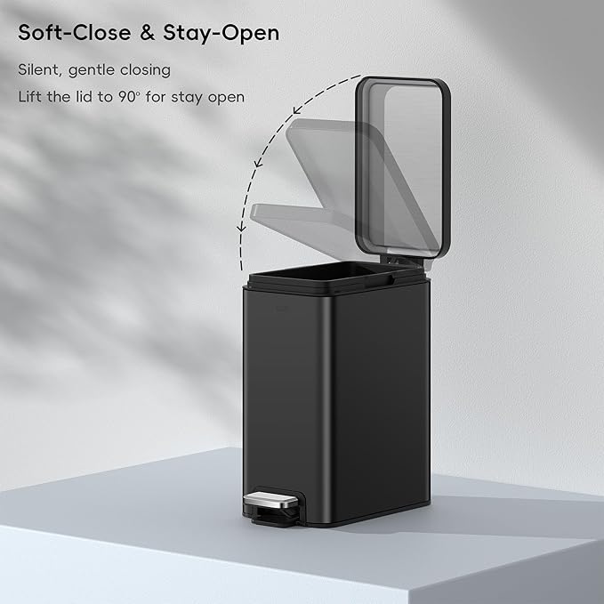 EKO Small Bathroom Trash Can with Lid Soft Close, Step Pedal, 10 Liter / 2.6 Gallon Stainless Steel Garbage Can with Removable Inner Bucket, Anti-Fingerprint Finish (Matte Black)