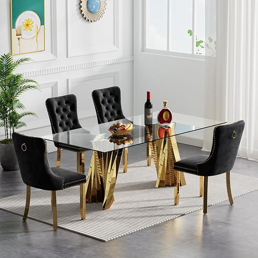 Goujxcy Modern 5 Piece Glass Dining Table Set Luxury Glass Kitchen Table and Chair Set for 4, 70" Large Rectangular Dining Room Table with 4 Tufted Chairs and Stainless Steel Legs (Gold & Black)
