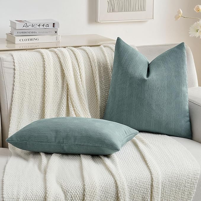 FUTEI Grey Blue Chenille Decorative Throw Pillow Covers 18x18 Inch Set of 2,Soft Cozy Striped Geometric Patterns Cushion Case,Modern Home Decor for Couch Bed Living Room