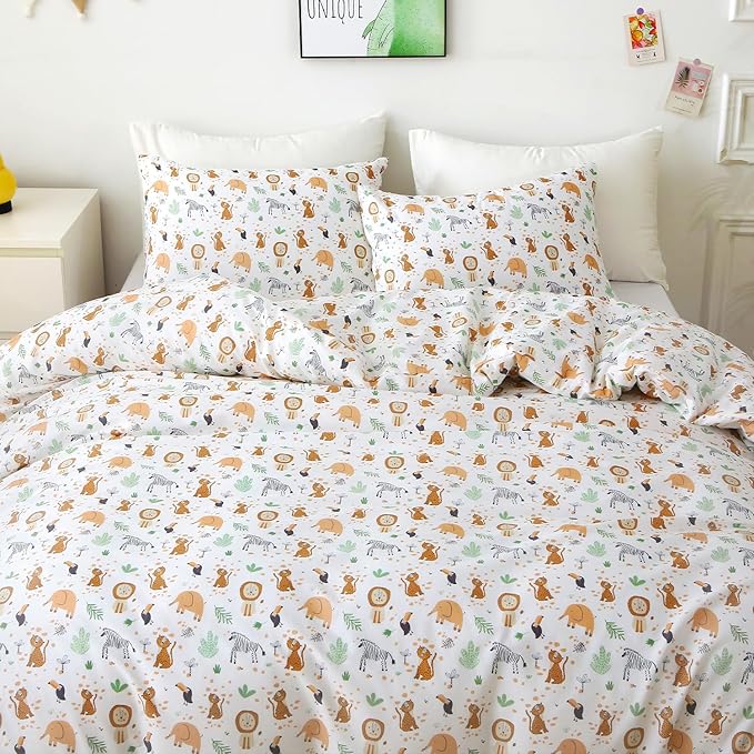 Ivellow Queen Duvet Cover Set Zoo Animal White 100% Cotton Duvet Cover for Kids Cute Bedding Set 3Pcs Ultra Soft Breathable Kids Duvet Cover Patterned Cartoon Comforter Cover Boys Girls Toddler Teen