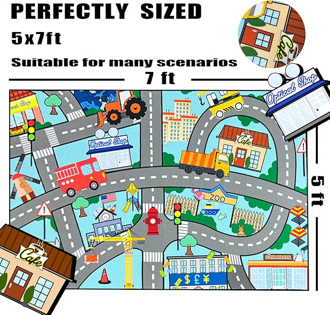 Car Rugs for Kids Toy Cars - City Life Car Road Rug for Playroom Car Track Rug Car Carpet for Kids Boys Girls Living Room Bedroom Classroom, 4'5''×6'