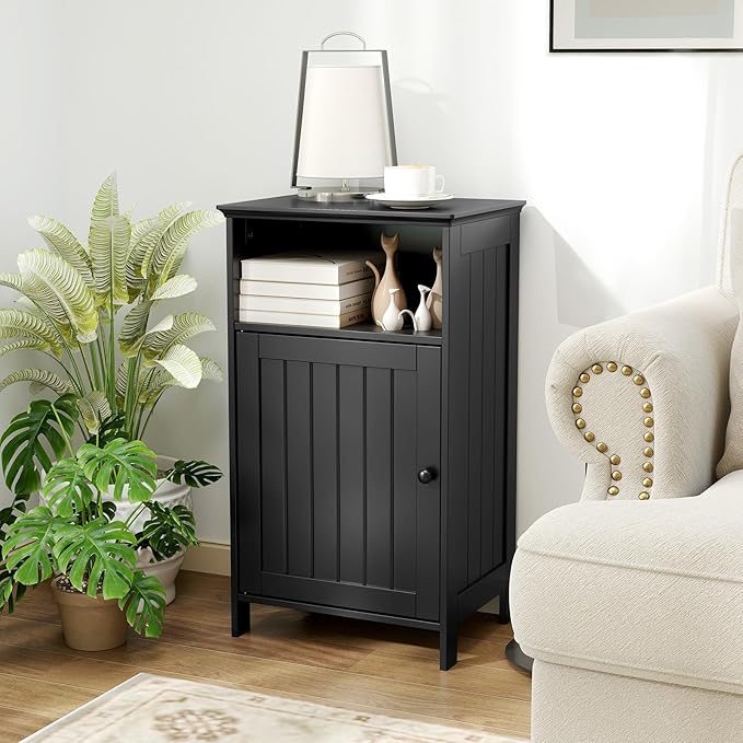 Tangkula Bathroom Storage Cabinet, Freestanding Wooden Single Door Side Floor Organizer with Adjustable Shelf, Small Bathroom Cabinet for Small Spaces, Living Room (Black)