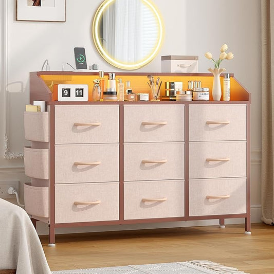 Lulive Dresser TV Stand for Bedroom with 9 Drawers - Chest of Drawers with LED Light & Charging Station - Living Room Hallway Closet Nursery (Pink)