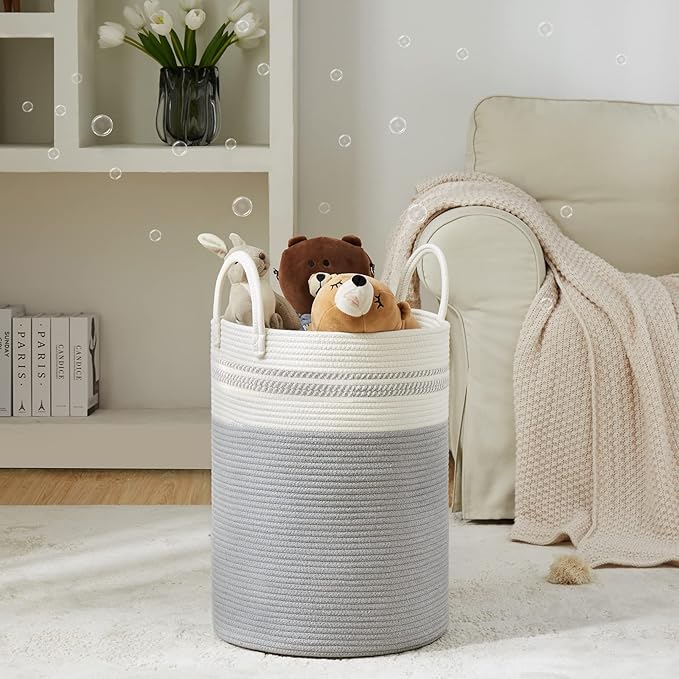 Woven Rope Laundry Hamper Basket, 72L Tall Luandry Basket, Baby Nursery Hamper for Blanket Storage, Clothes Hamper for Laundry in Bedroom-Large-Grey