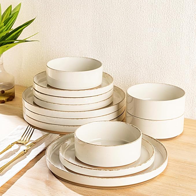 AmorArc Ceramic Dinnerware Sets for 4, 12 Pieces Handpainted Plates and Bowls Set with Rustic Terracotta Underside, Scratch Resistant Stoneware Dishes Set, Dishwasher & Microwave Safe
