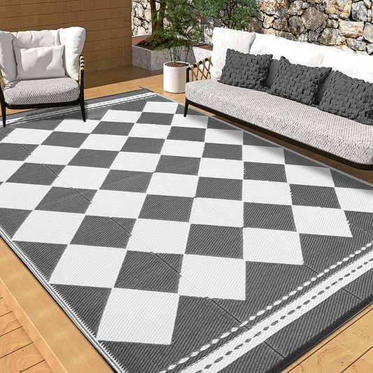 OMERAI Reversible Waterproof Outdoor Rug for Backyard,Plastic Textured Resistant Outdoors Rugs,Portable Washable Easy Cleaning Foldable Camping Beach Carpet for Patio Courtyard, 6'x9' Gray & White