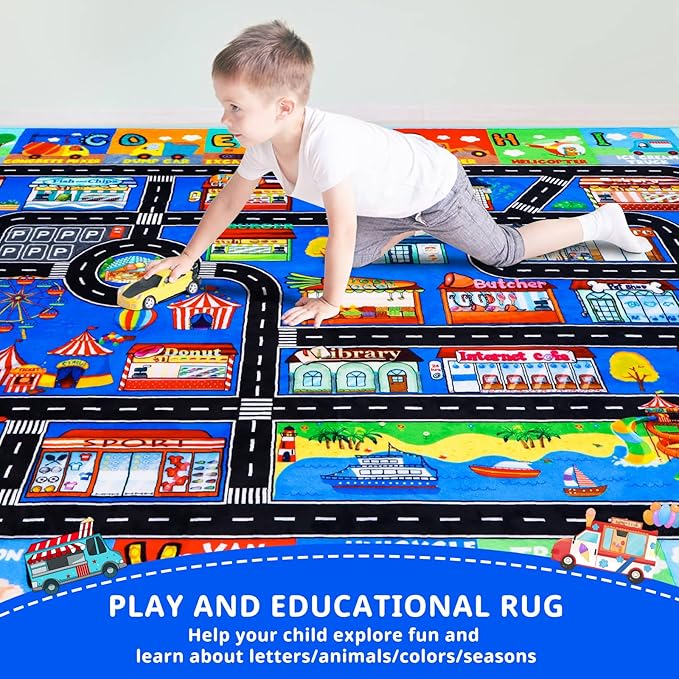 Kids Rugs for Toy Cars Playroom 59"×39.4" ABC Transportation Animals Play Mat Educational Mat Alphabet Area Rug Public Buildings Kids Playtime Collection Toddler Learning Carpet