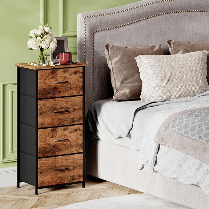 Somdot Tall Dresser for Bedroom with 4 Drawers, Storage Organizer Chest of Drawers with Removable Fabric Bins for Living Room Closet Bedside Nursery Laundry Entryway Hallway, Wood Grain Print