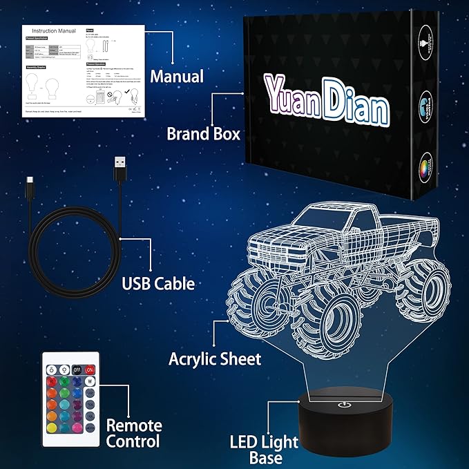 3D Night Lights for Children, Kids Night Lamp, Monster Trucks for Boys, 16 LED Colors Changing Lighting, Car Shape Acrylic Lighting Table Desk Bedroom Decoration, Ideas Birthday Xmas
