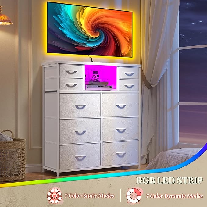 White Dresser for Bedroom with 10 Drawers and Charging Station & LED Light, Sturdy Tall Chest of Drawers with 2 Open Storage Shelves Storage Tower for Closet, Hallway