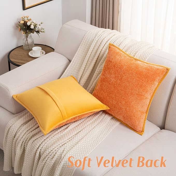 FUTEI Orange Chenille Throw Pillow Covers 22x22 Inch Set of 2,Soft Cozy Bound Edge Design Cushion Case,Home Decor for Couch Bed Living Room