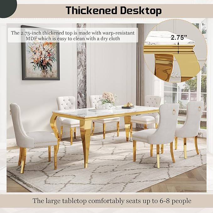 7-Piece Dining Table Set for 6, Faux Marble Dining Table Set with 70'' Marble Dinner Table and 6 Velvet Wing Back Chairs for Kitchen, Dining Room, White & Gold