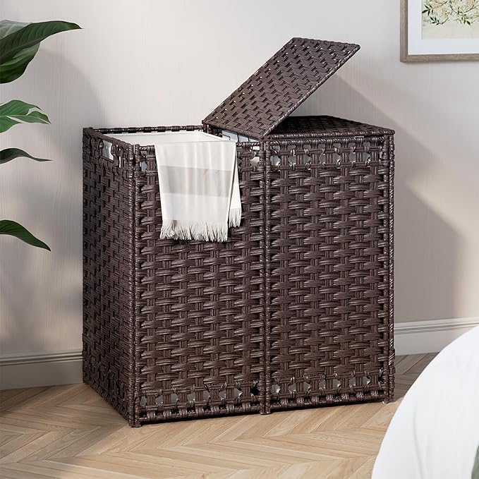 170L Foldable Laundry Hamper with Lid - Handwoven Rattan Storage Basket, 2-Section Clothes Hamper w/2 Removable Liner Bags, Easy Assembly, Portable for Bedroom Bathroom Dorm,Brown