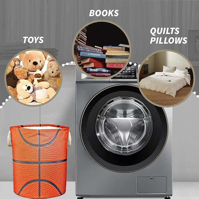 Basketball Hamper for Boys Room Decor Funny Tote Bag Kids Laundry Basket For Teen Boy Girl Ball Gift 17.7x13.7 Inch