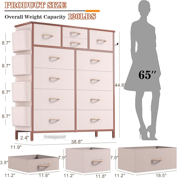 Lulive Pink Dresser for Bedroom with 12 Drawers, Tall Dresser Chest of Drawers with Side Pockets and Hooks, Fabric Storage Tower for Closet, Hallway, Living Room (Pink)