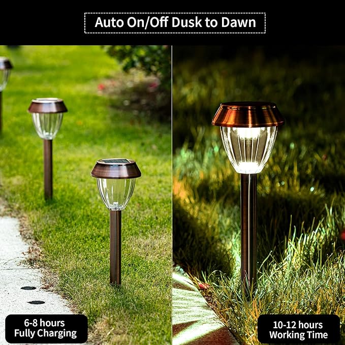 Solar Pathway Lights Outdoor Waterproof, 6 Pack Solar Outdoor Lights Bright Up to 12 Hrs, 15 Lumens Garden Light LED Landscape Lighting Stainless Steel Walkway Light, Warm White
