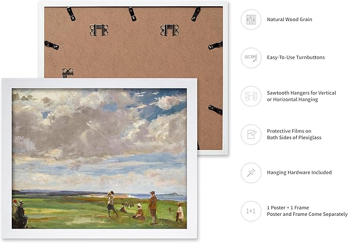 Poster Master Vintage Lady Astor Playing Golf at North Berwick Painting Poster - Retro Golf Course Print - Golf Art - Sports Art - Landscape Art - Office or Living Room Decor, 16x20 White Framed