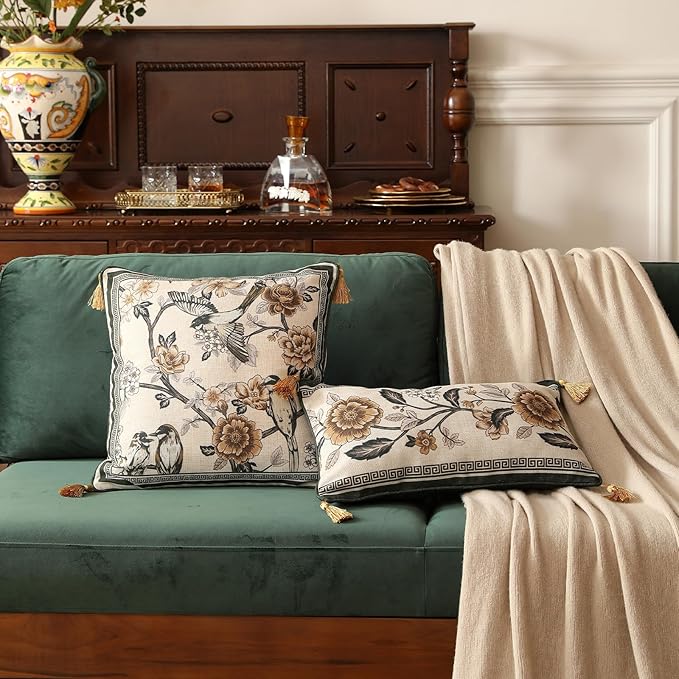 Design Linen Chinoiserie Square Throw Pillow Covers 18"x18" Pack of 2, Farmhouse Cushion Covers with Yellow Floral Birds Pattern Decoration Pillowcases for Bed,Living Room,Outdoor,Car