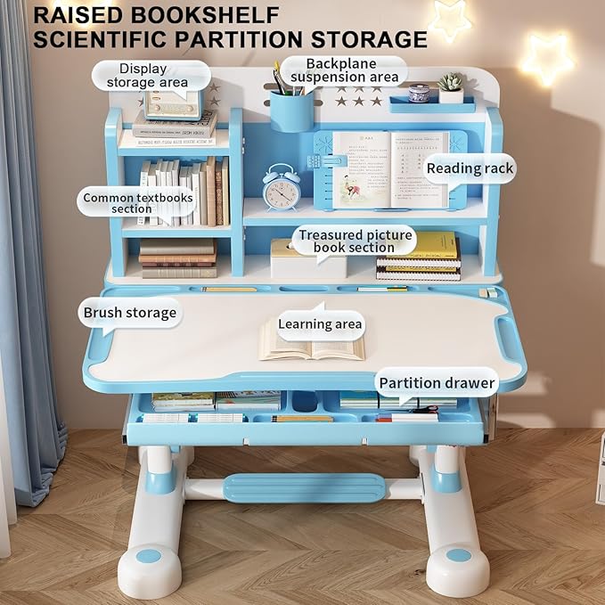 Gifts for Kids, Kids Desk and Chair Set, Desk for Kids 3-12, Multi-Functional Storage and Spacious Desktop for Learning, Painting, Eating, DIY Crafts Blue Gift for Friends