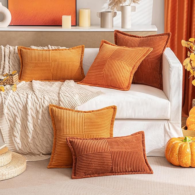 MIULEE Rust Fall Decorative Lumbar Throw Pillow Covers for Couch Bed Livingroom 12x20 Inch Set of 2 Boho Accent Throw Pllows Broadside Striped Patchwork Soft Corduroy Pillowcases