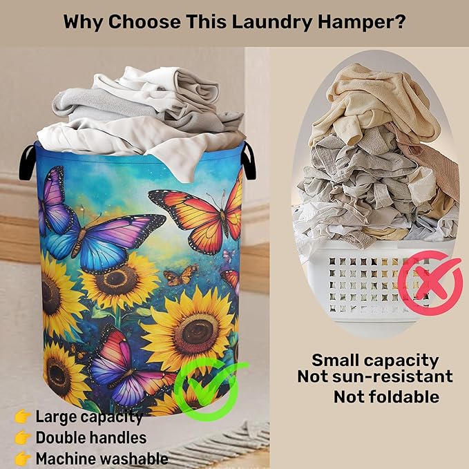 Butterfly Sunflower Laundry Basket - Heavy Duty 60L Dirty Clothes Organizer, Water Resistant Foldable Hamper for Men Women