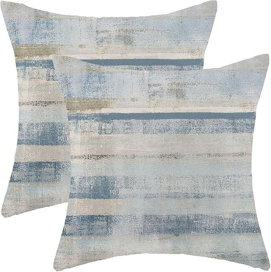 Boho Blue Grey Stripe Throw Pillow Covers 18x18 Inch Set of 2, Rustic Abstract Decorative Throw Pillow Covers Retro Stripe Linen Outdoor Cushion Cover for Sofa Couch Farmhouse Room Bed Decor