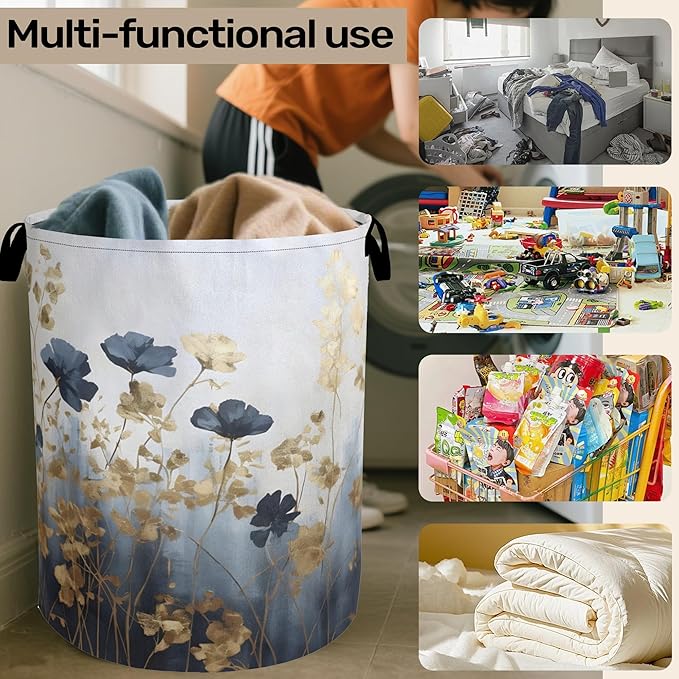 Blue Luxury Flowers Laundry Basket with Handles - Extra Large Foldable Hamper for Bathroom/Laundry/Bedroom/Dorm, Washable Fabric Storage Bin