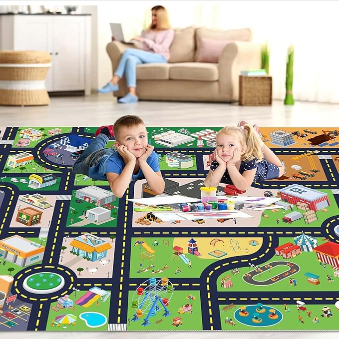 Kids Rug Playroom Car Rug Play Mat City Life Road Rug for Cars Fun City Map for Track Toys,Carpet for Bedroom Boys (city01, 5.2×7.9ft/63×94in)