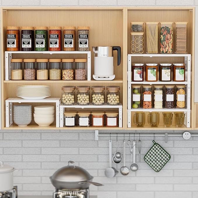 Expandable Spice Rack Kitchen Cabinet Shelf Organizer, Stackable Storage Shelves Racks, Adjustable Counter Shelving for Cabinets, Countertop, Cupboard,Pantry and More(2Packs/White/Large)