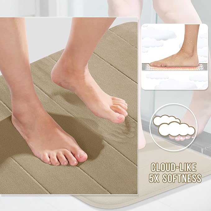 Yimobra Memory Foam Bath Mat, Super Soft Absorbent Bathroom Rug Non Slip 24x17 Inch, Quick Dry, Machine Washable Floor Carpet for Tub Shower, Home Decor Accessories, Pale Khaki
