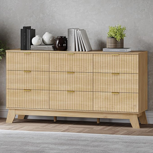 Fluted 9 Drawer Dresser, 57.1" Wide Modern Boho Chest of Drawers, Wooden Storage Dresser TV Stand for Bedroom, Living Room, Closet, Hallway, Curved Profile Design