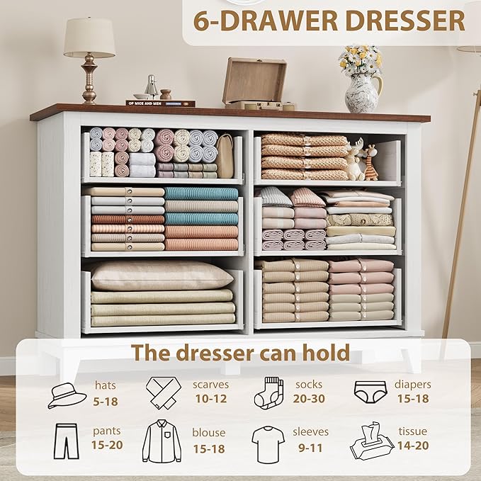 GarveeHome 6 Dresser for Bedroom, 47" Wide Drawer Dresser with Storage Freestanding, Wooden Closet Storage Chest for Living Room, Bedroom, Entryway, White+Brown