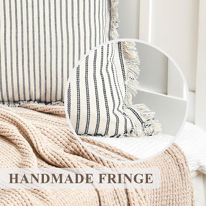 ZWJD Throw Fall Pillow Covers 24x24 Set of 2 Striped Pillow Covers with Fringe Chic Cotton Decorative Pillows Square Cushion Covers for Sofa Couch Bed Living Room Farmhouse Decor