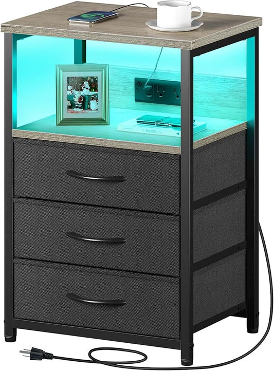 Seventable Nightstand with Charging Station and LED Light, Set of 2 Side Table with 3 Fabric Drawers, Bedside End Table with USB Ports and Outlets, Night Stand for Bedroom, Greige