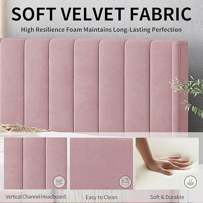 Queen Size Upholstered Platform Bed Frame with Modern Wingback & Vertical Panel Headboard, Velvet Fabric, Wooden Legs & Slats Support, No Box Spring Needed, Noise-Free & Easy Assembly, Pink