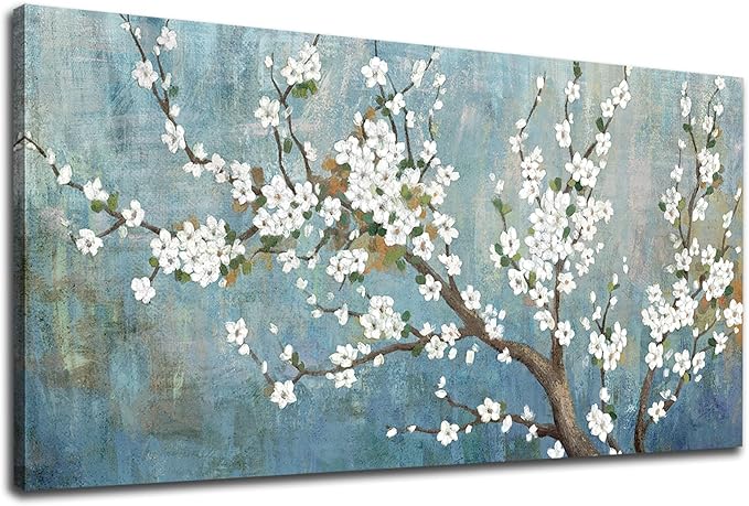 Elegant Flowers Canvas Wall Art - Plum Blossom Pictures for Wall Decor Rustic Turquoise Canvas Painting Nature Printing Artwork for Living Room Bedroom Home Office Wall Decoration 29" x 58"