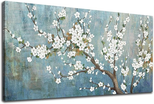 Elegant Flowers Canvas Wall Art - Plum Blossom Pictures for Wall Decor Rustic Turquoise Canvas Painting Nature Printing Artwork for Living Room Bedroom Home Office Wall Decoration 29" x 58"
