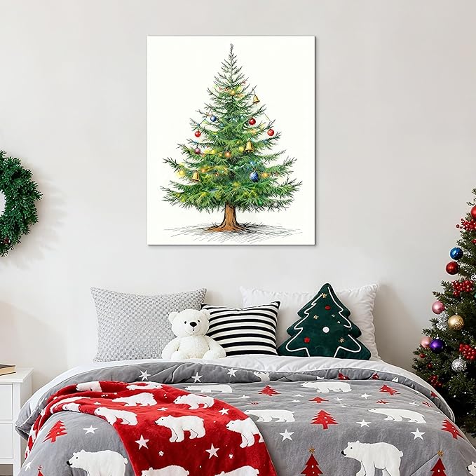 Framed Christmas Pictures Wall Decor,Vintage Pine Tree Prints,Winter Christmas Canvas Wall Art Decoration for Bedroom Bathroom Living Room Rustic Xmas Holiday Gifts (Christmas Tree 4, 16'' X 24'')