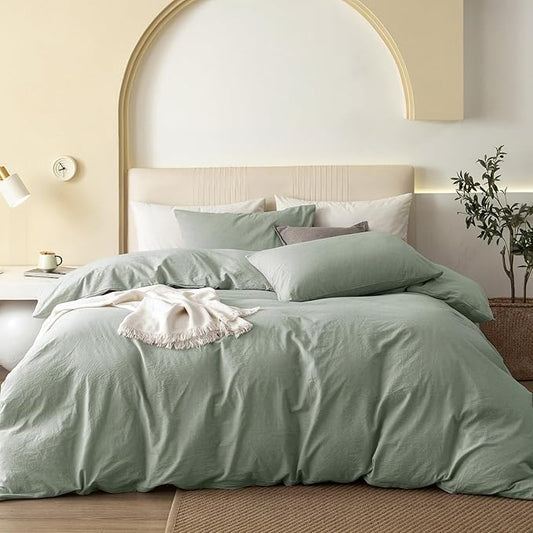 JIYUAN 100% Washed Cotton Duvet Cover Set 3 Pieces Queen, 1 Duvet Cover 90x90 Inches(Comforter Not Included) and 2 Pillowcases,Linen Feel Bedding Set Comfy and Breathable, Heathered Sage Green