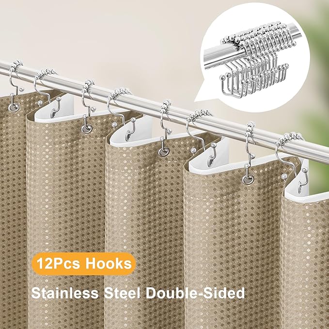 3 in 1 Stall Half Size Beige Shower Curtain Set-36 W x 72 H, Tan Waffle Waterproof Fabric and PEVA Liner Set with Stainless Steel Hooks