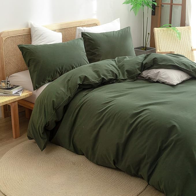 BESTOUCH Duvet Cover Set 100% Washed Cotton Linen Feel Super Soft Comfortable Chic Lightweight 3 PCs Home Bedding Set Olive Green King